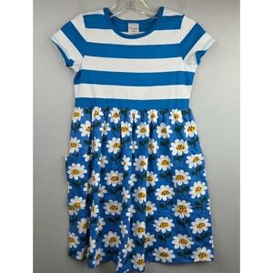 Hanna Andersson Girls Blue White Striped Daisy Floral Pocket Dress US 8